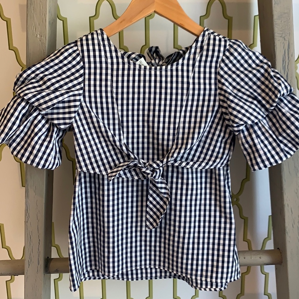 Girls Navy and White check blouse